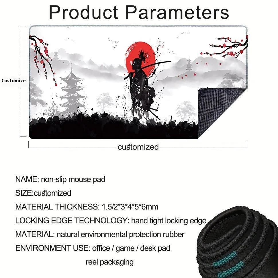 Japanese Samurai design gaming mouse pad on desk with cloth surface and non-slip base