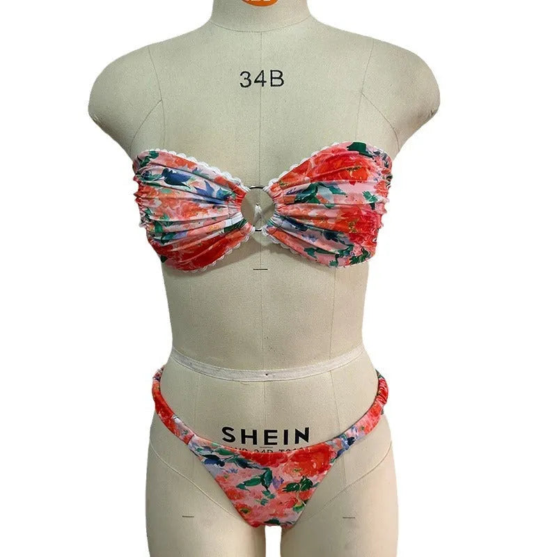 Floral print tube top bikini set in European style with lace details