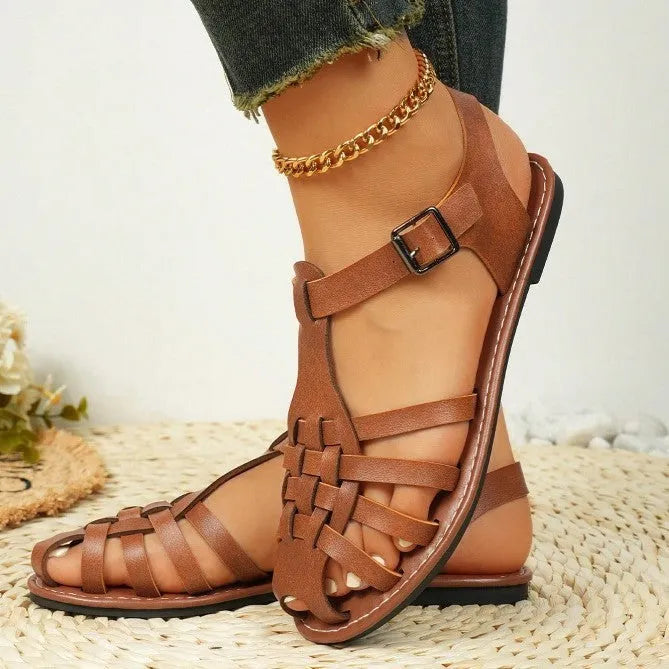 Dark brown women's vintage weave sandals with closed round toe, buckle fastening, and a low-top PU upper.