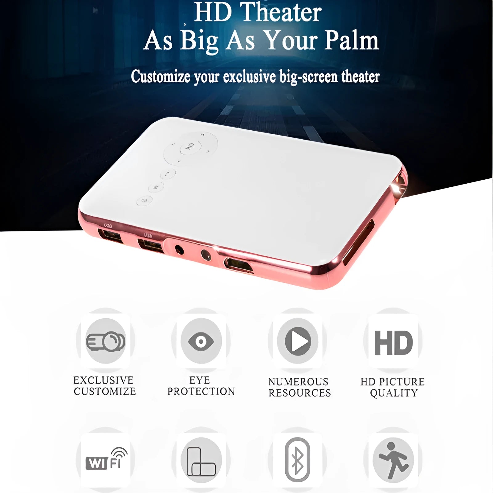 White and rose gold miniature portable DLP Android projector with compact design measuring 145x80mm