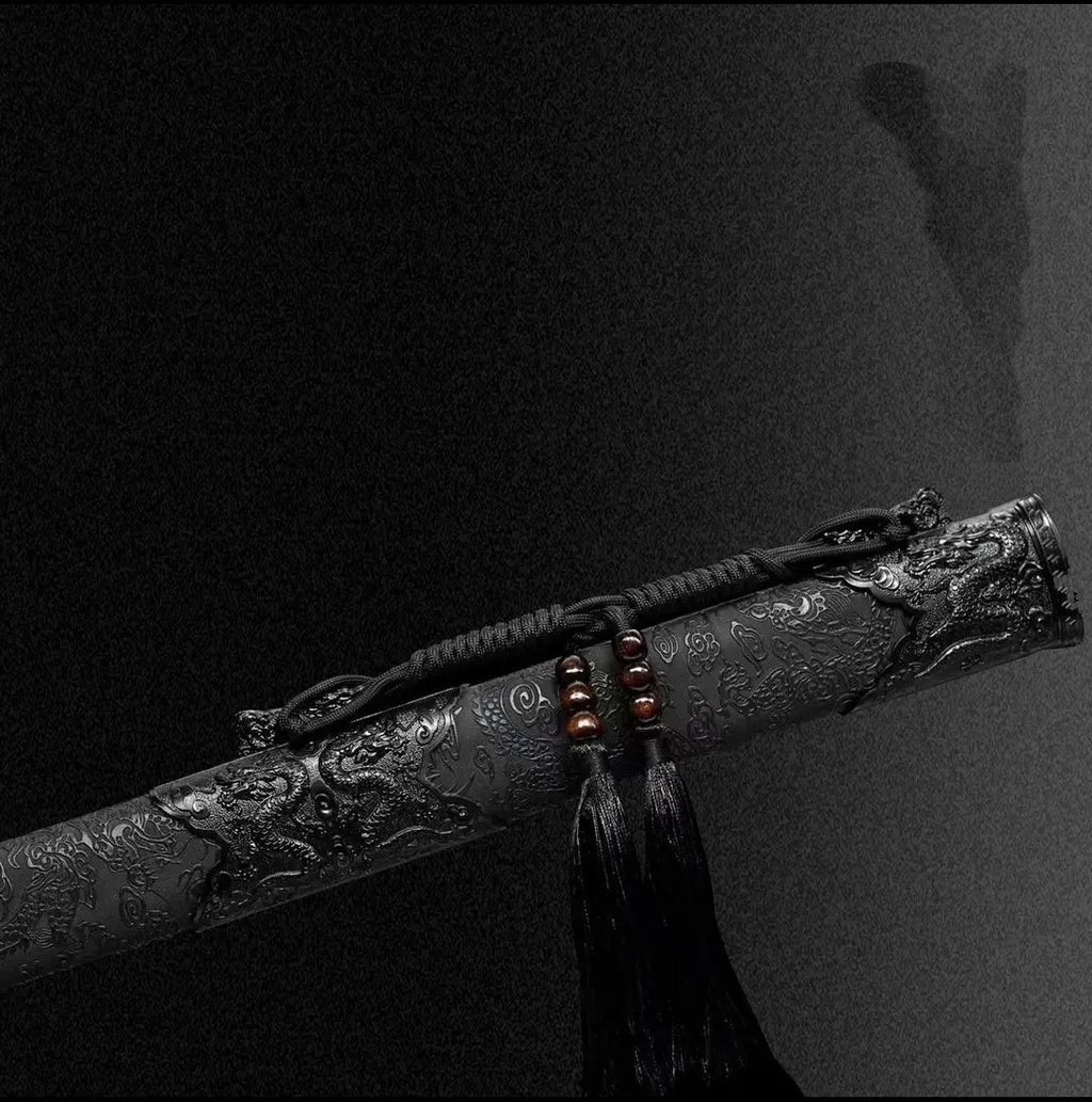 Liuying Tang Dynasty horizontal sword with 115cm overall length, 65 manganese steel blade, and leather-covered wood scabbard
