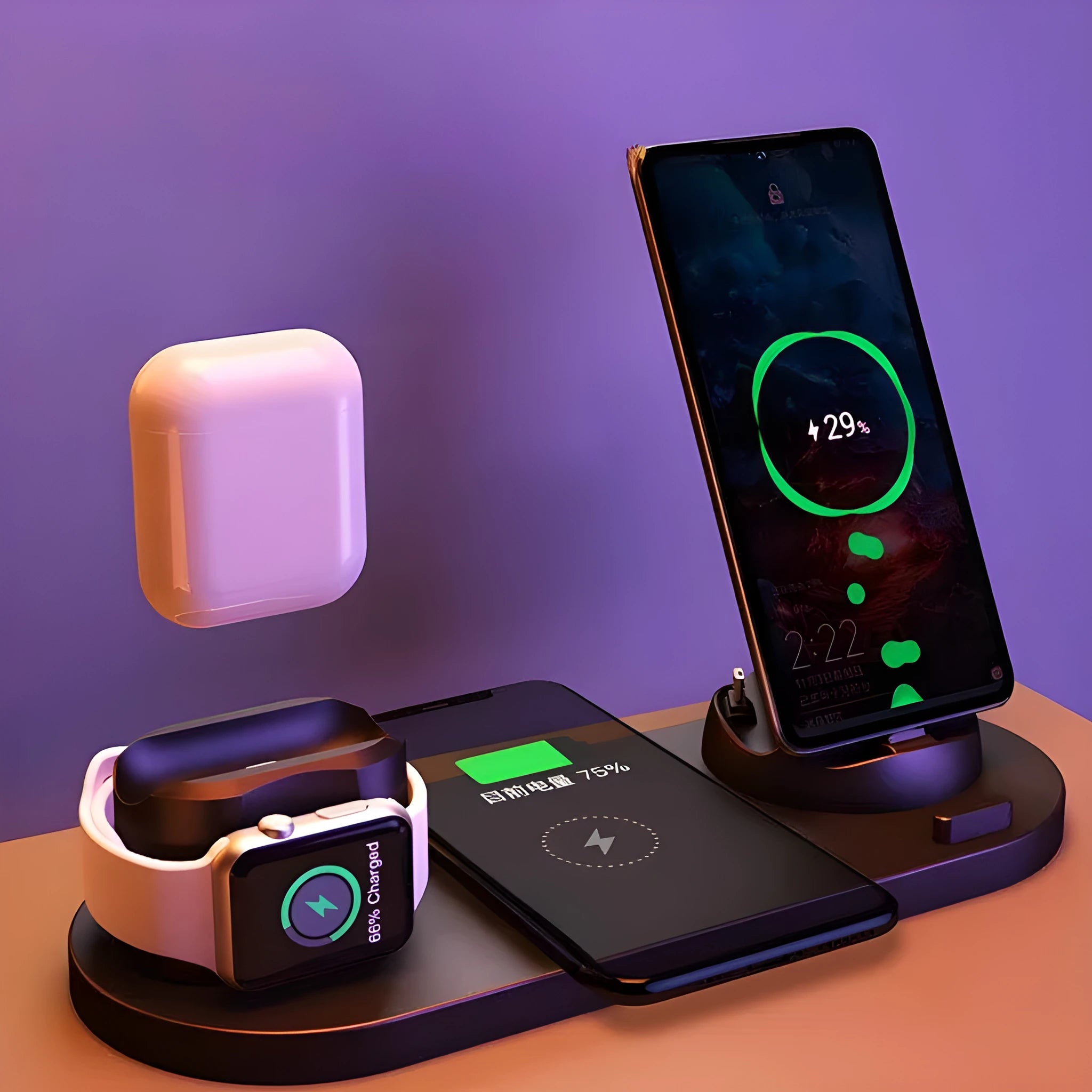 6-in-1 wireless charging dock station for iPhone and watch in Black with USB interface