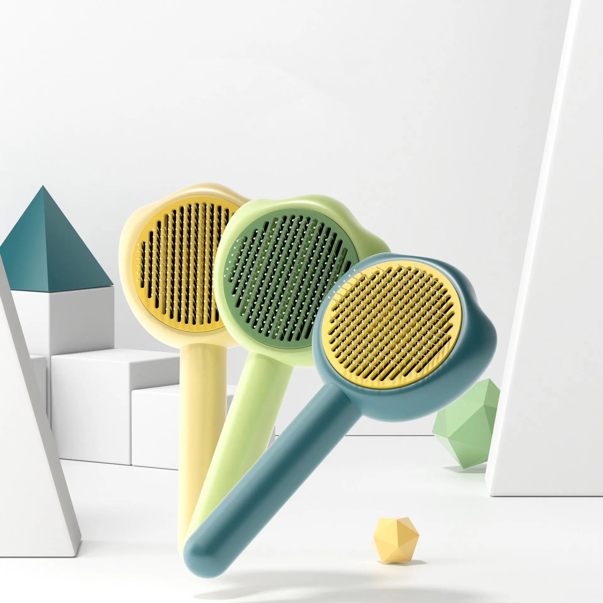 Self-cleaning pet grooming comb with blue handle for cat hair removal