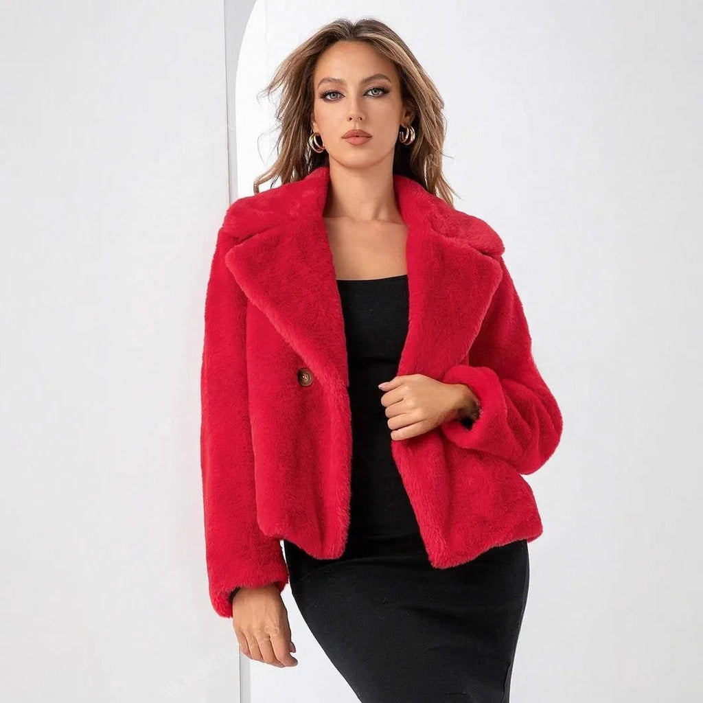 Women's loose short faux fur coat in rose red, showing regular sleeves and a textured fabric.