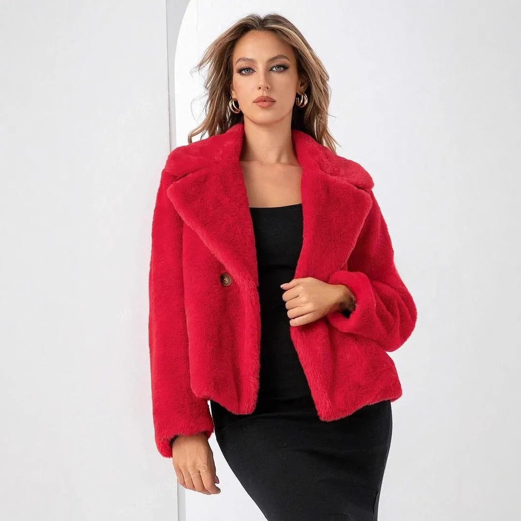 Women's loose short faux fur coat in rose red, showing regular sleeves and a textured fabric.